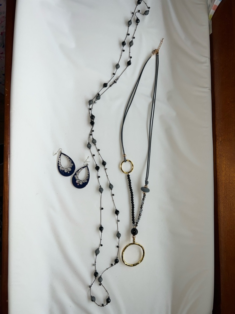 Gold Accent Black & Gray Layered Necklace Set with Navy Teardrop Earrings